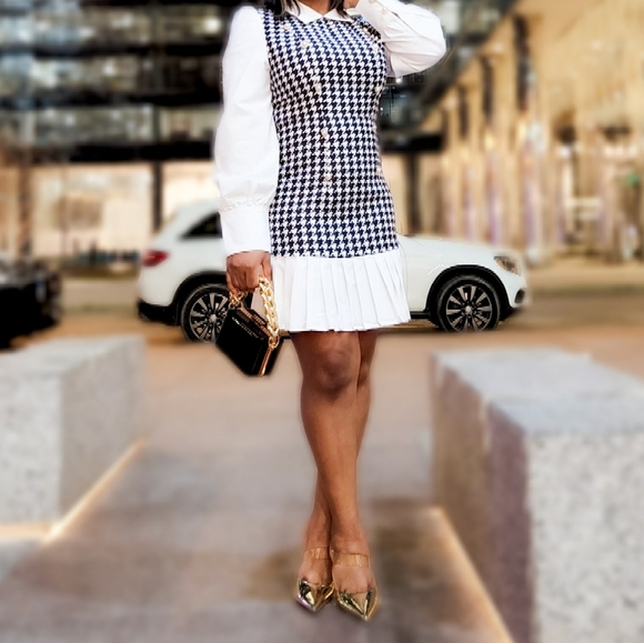 Shein houndstooth panel puff sleeve pleated hem dress in white and black - Picture 2 of 2